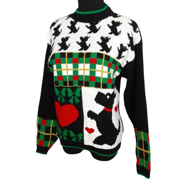 Vintage 80s Scottie Dog Christmas Sweater Tartan Plaid Black Retro Grandmacore - Picture 2 of 10